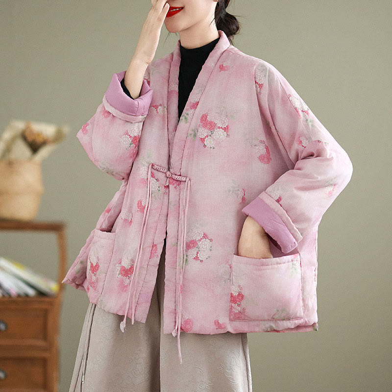 Buddha Stones Printed Flowers Women's Long Sleeve Cotton-padded Jacket With Pockets - image 1