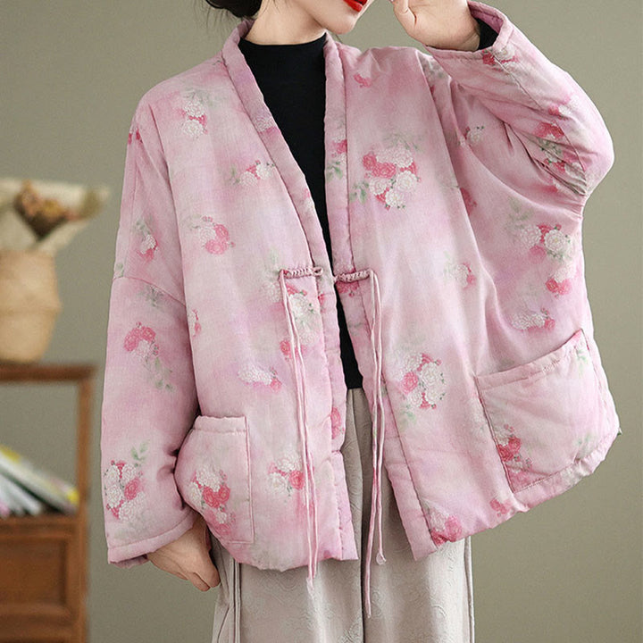 Buddha Stones Printed Flowers Women's Long Sleeve Cotton-padded Jacket With Pockets - image 3