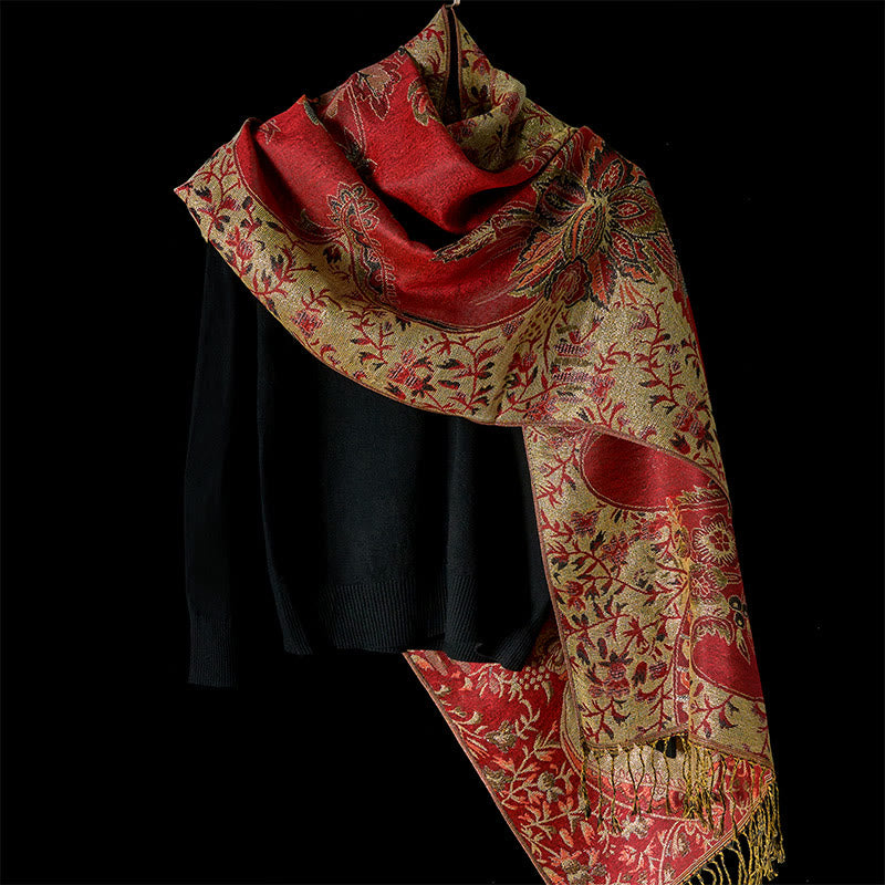 Buddha Stones Spring Red Flowers Leaves Vines Pattern Tassel Soft Scarf Shawl - image 7