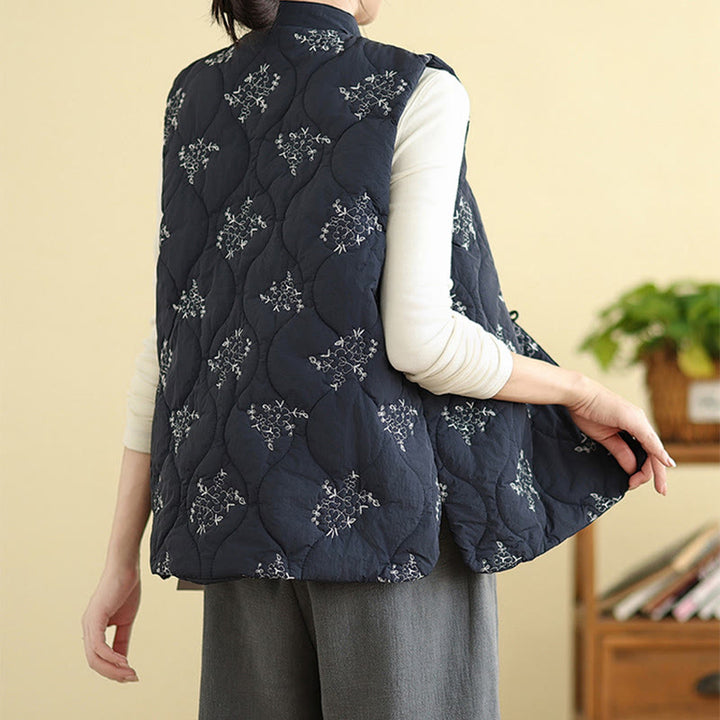 Buddha Stones Embroidered Frog-Button Women's Sleeveless Cotton Vest Waistcoat With Pockets - image 4