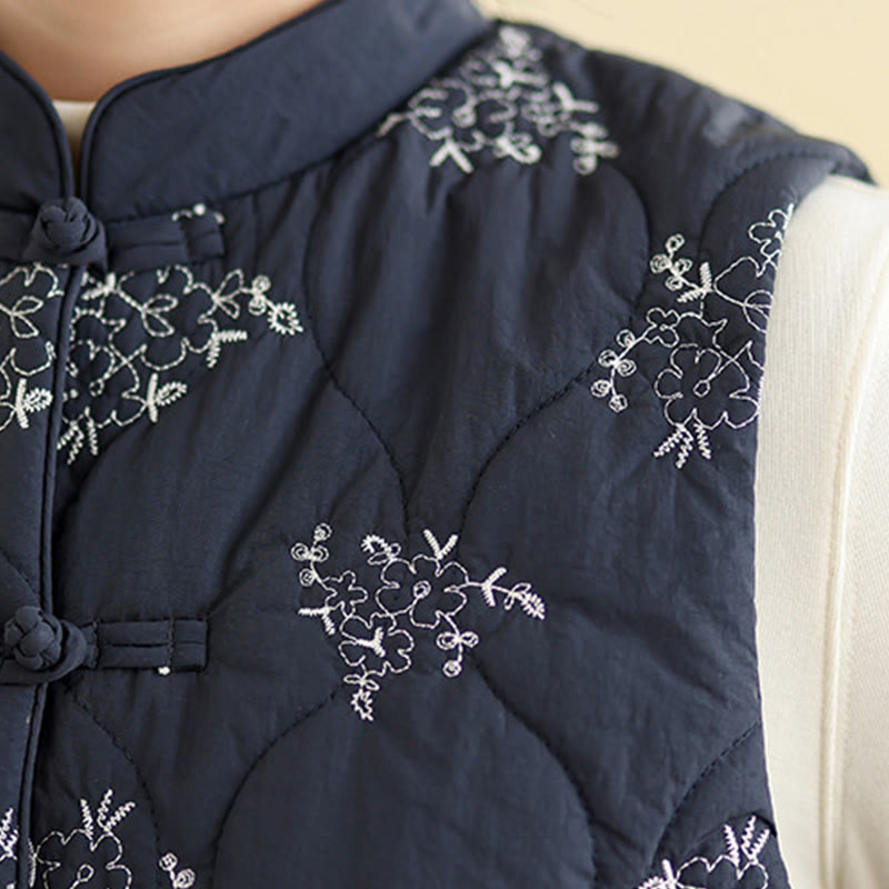 Buddha Stones Embroidered Frog-Button Women's Sleeveless Cotton Vest Waistcoat With Pockets - image 6