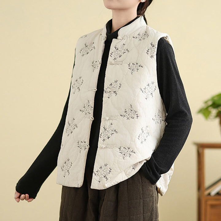 Buddha Stones Embroidered Frog-Button Women's Sleeveless Cotton Vest Waistcoat With Pockets - image 12