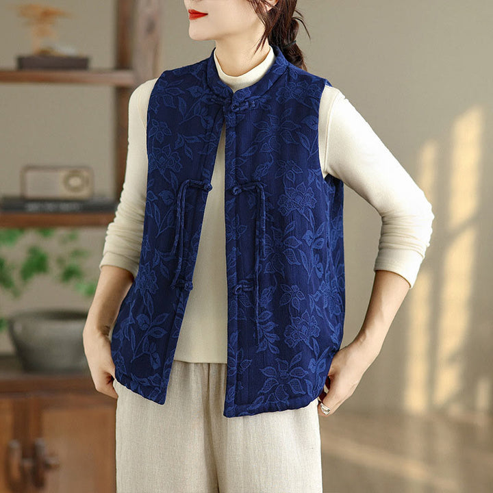 Buddha Stones Jacquard Pattern Frog-button Women's Sleeveless Cotton Vest Waistcoat With Pockets - MediumBlue - US8-10，UK/AU12-14，EU40-42 (2XL) - image 0