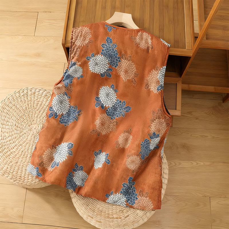 Buddha Stones Floral Prints Buttons Women's Sleeveless Cotton Vest Waistcoat With Pockets - image 1