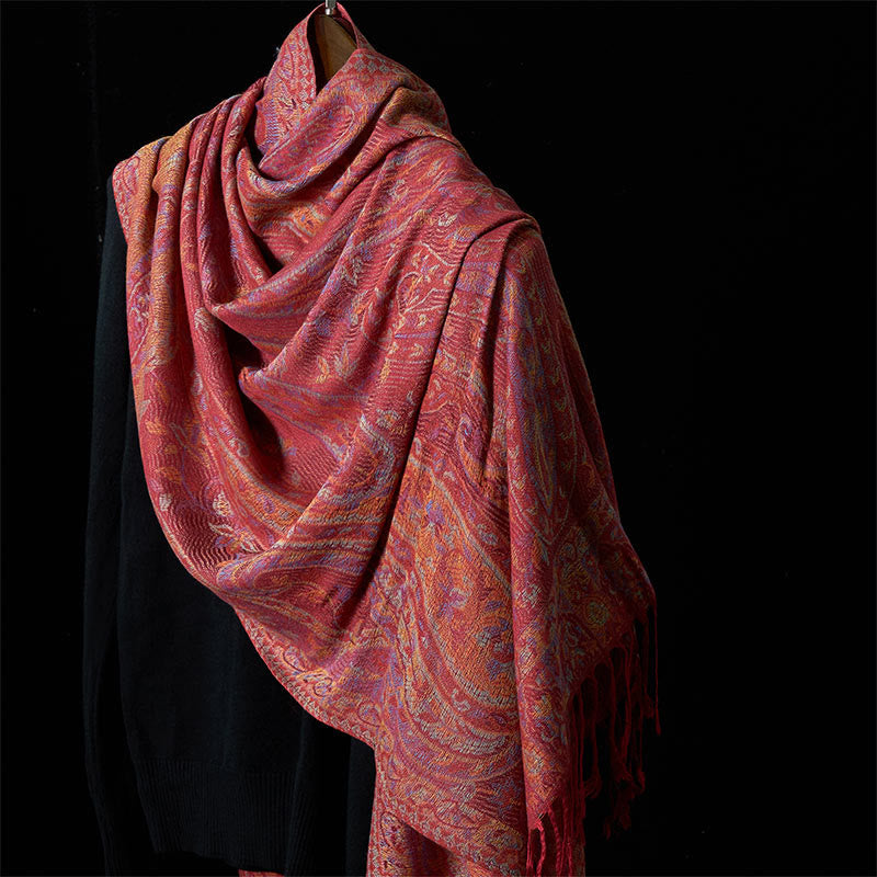 Buddha Stones Spring Cashew Flower Leaves Vines Geometric Pattern Tassel Soft Scarf Shawl - Tomato - 178*71cm - image 5