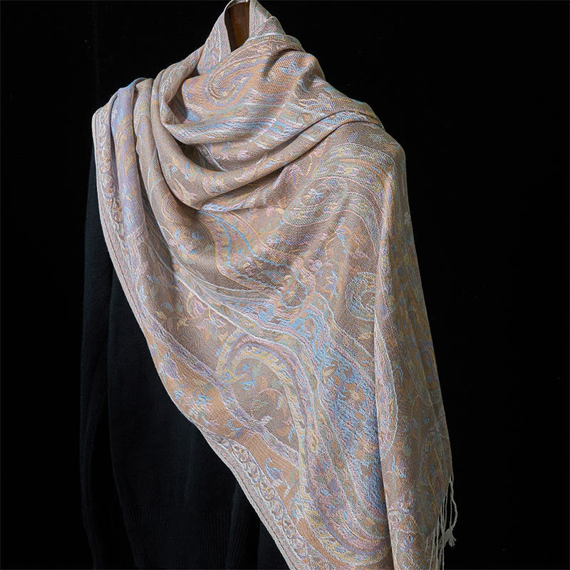 Buddha Stones Spring Cashew Flower Leaves Vines Geometric Pattern Tassel Soft Scarf Shawl - Beige - 178*71cm - image 11