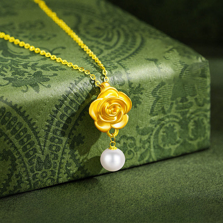 Buddha Stones 999 Sterling Silver Plated Gold Camellia Pearl Healing Necklace Pendant - 999 Sterling Silver & Pearl - image 0