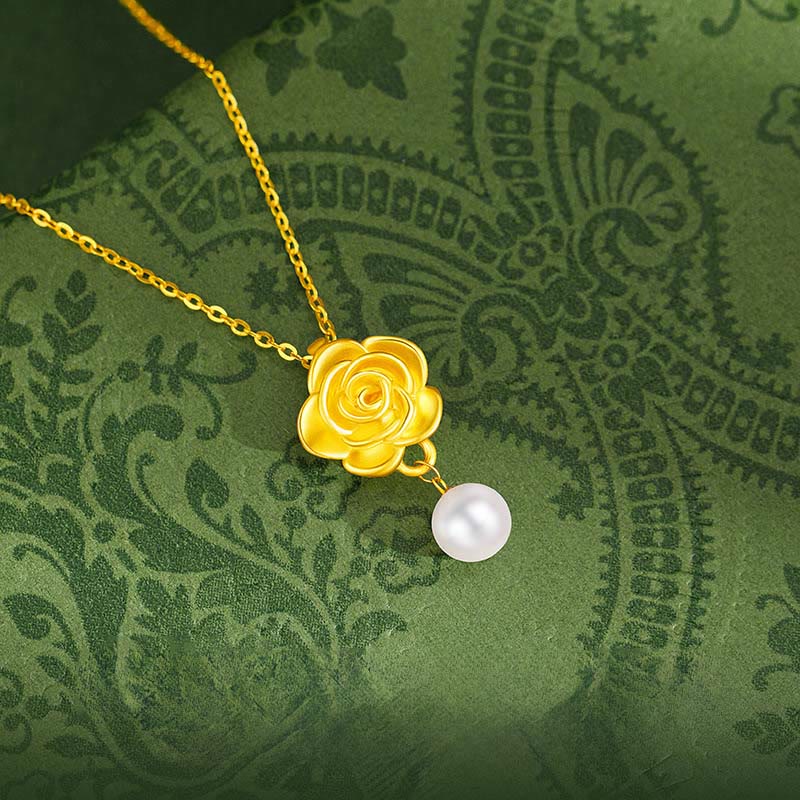 Buddha Stones 999 Sterling Silver Plated Gold Camellia Pearl Healing Necklace Pendant - image 1