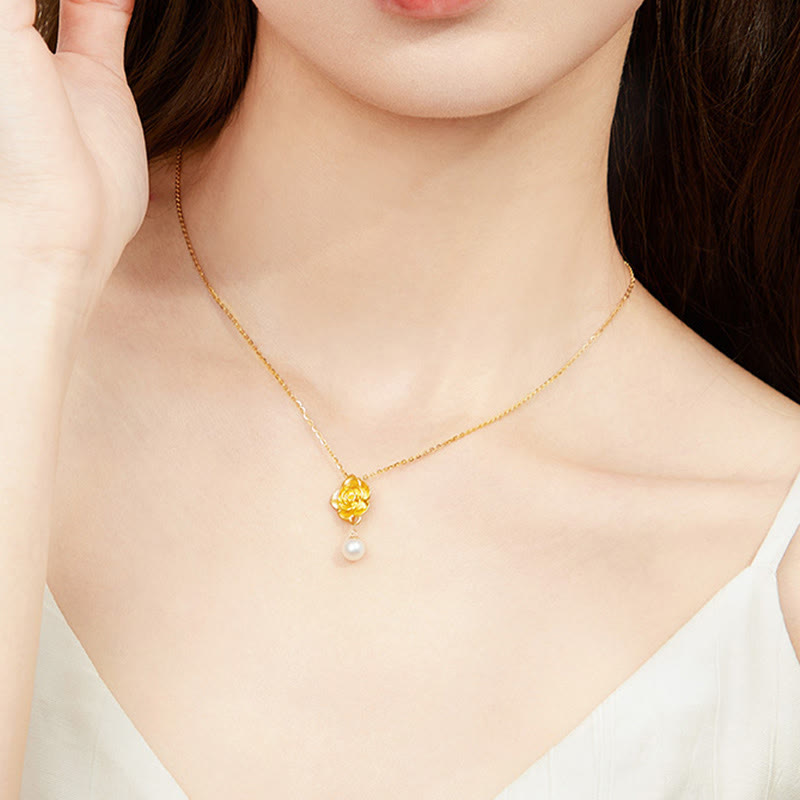 Buddha Stones 999 Sterling Silver Plated Gold Camellia Pearl Healing Necklace Pendant - image 7