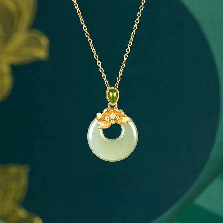 Buddha Stones 925 Sterling Silver Plated Gold Hetian Jade Lotus Luck Necklace Pendant - 925 Sterling Silver & Hetian Jade - image 0