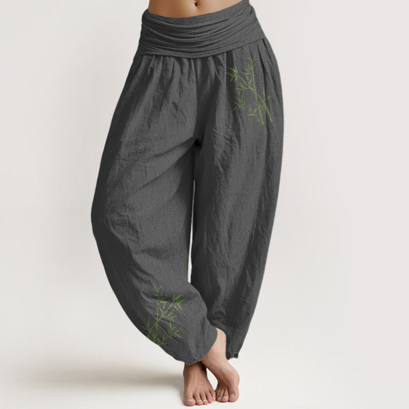 Buddha Stones Green Bamboo Print Pattern Women's Elastic Waist Harem Pure Cotton Pants - Gray - US22，UK/AU26，EU54 (6XL) - image 8
