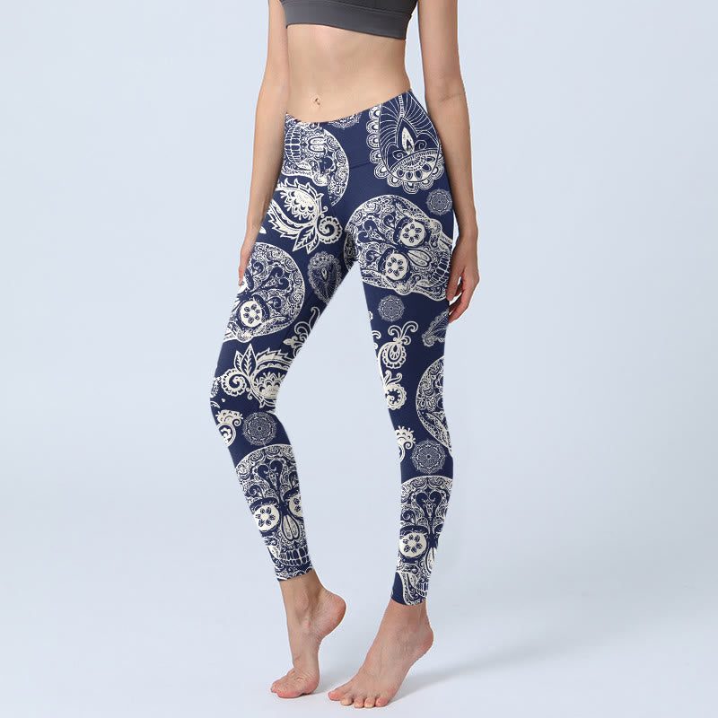 Buddha Stones Paisley Plant Skull Pattern Gym Leggings Women's Yoga Pants - Navy - US18，UK/AU22，EU50 (4XL) - image 0