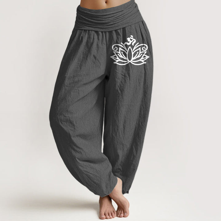 Buddha Stones Lotus Flower Om Symbol Pattern Women's Elastic Waist Harem Pure Cotton Pants - Gray - US22，UK/AU26，EU54 (6XL) - image 8