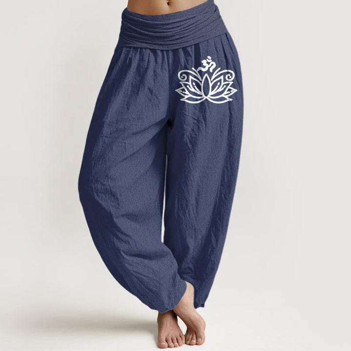 Buddha Stones Lotus Flower Om Symbol Pattern Women's Elastic Waist Harem Pure Cotton Pants - DarkSlateBlue - US22，UK/AU26，EU54 (6XL) - image 5
