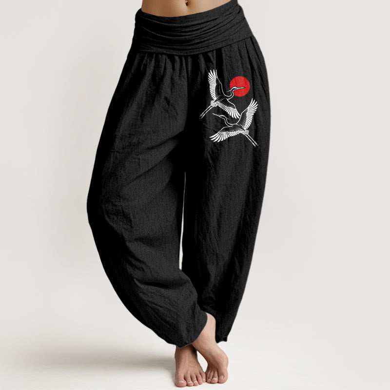 Buddha Stones Red Sun Cranes Pattern Women's Elastic Waist Harem Pure Cotton Pants - Black - US22，UK/AU26，EU54 (6XL) - image 0