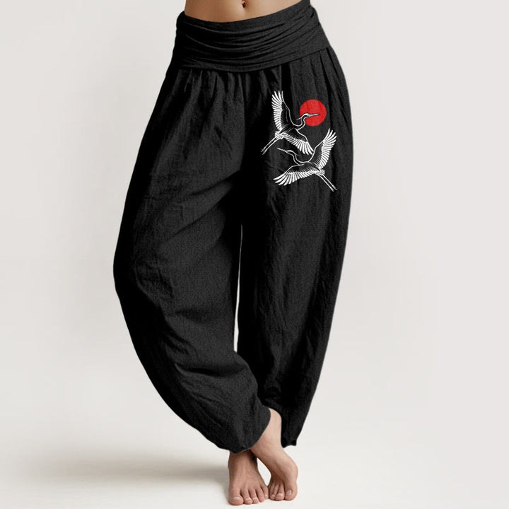 Buddha Stones Red Sun Cranes Pattern Women's Elastic Waist Harem Pure Cotton Pants - Black - US22，UK/AU26，EU54 (6XL) - image 0