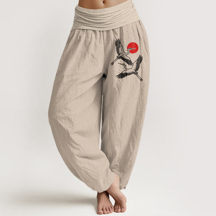 Buddha Stones Red Sun Cranes Pattern Women's Elastic Waist Harem Pure Cotton Pants - Tan - US22，UK/AU26，EU54 (6XL) - image 11