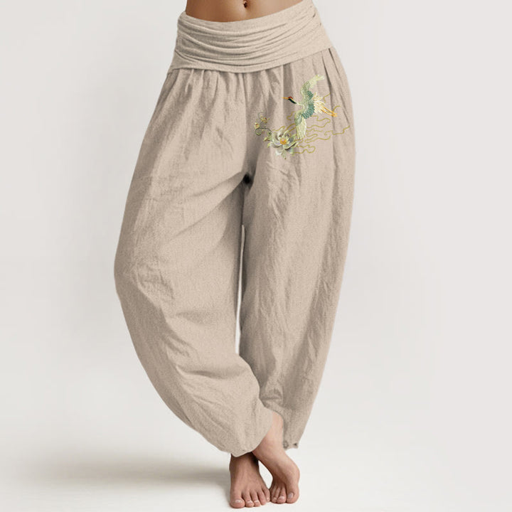 Buddha Stones Cranes Lotus Pattern Pure Cotton Women's Elastic Waist Harem Pants - Tan - US22，UK/AU26，EU54 (6XL) - image 11