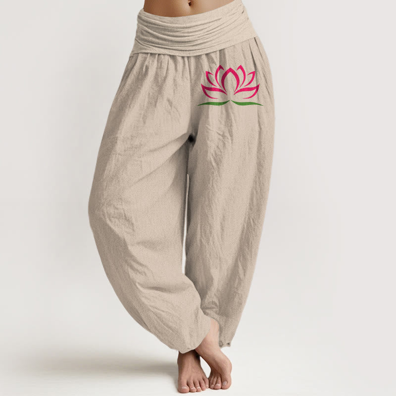 Buddha Stones Simple Design Pink Lotus Pattern Pure Cotton Women's Elastic Waist Harem Pants - Tan - US22，UK/AU26，EU54 (6XL) - image 11