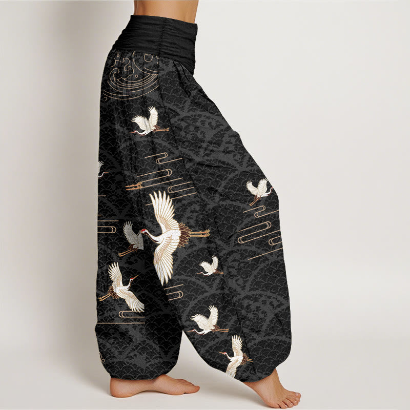 Buddha Stones Print Cranes Wave Pattern Women's Elastic Waist Harem Pure Cotton Pants - image 1