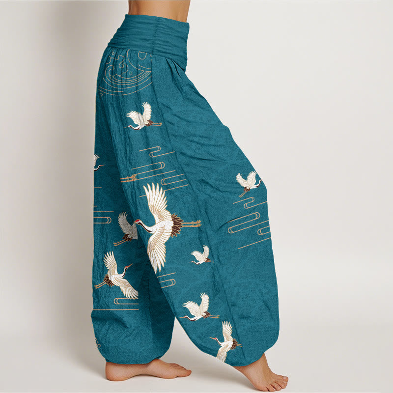Buddha Stones Print Cranes Wave Pattern Women's Elastic Waist Harem Pure Cotton Pants - image 6