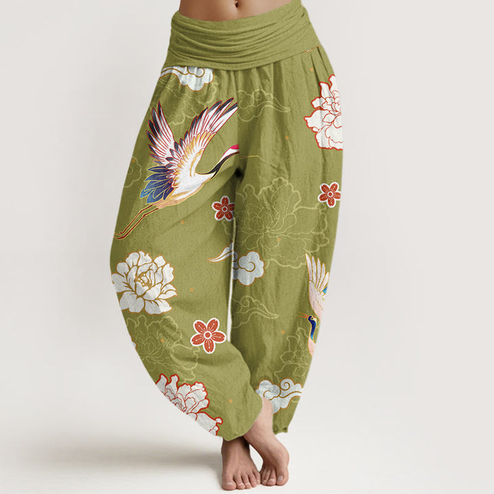 Buddha Stones Print Cranes Peonies Pattern Women's Elastic Waist Harem Pure Cotton Pants - YellowGreen - US22，UK/AU26，EU54 (6XL) - image 8