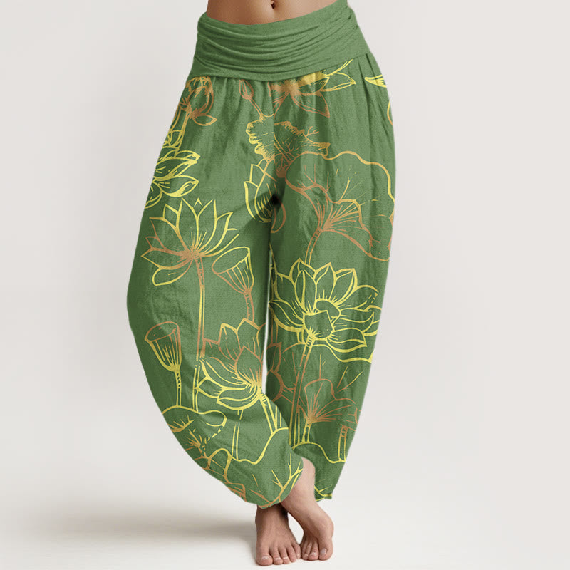 Buddha Stones Print Lotus Flowers Leaves Pattern Women's Elastic Waist Harem Cotton Pants - ForestGreen - US22，UK/AU26，EU54 (6XL) - image 5