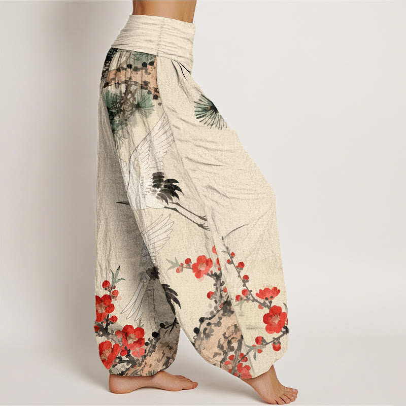 Buddha Stones Print Cranes Plum Blossoms Pattern Women's Elastic Waist Harem Cotton Pants - image 1