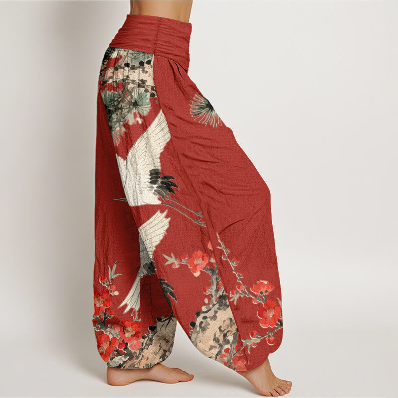 Buddha Stones Print Cranes Plum Blossoms Pattern Women's Elastic Waist Harem Cotton Pants - image 9