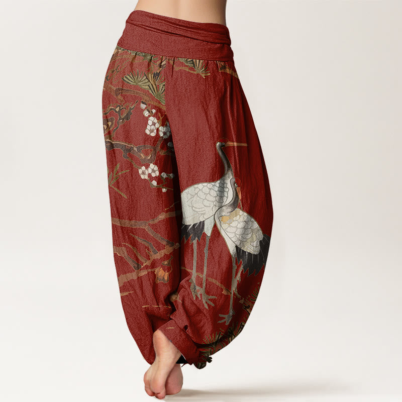 Buddha Stones Print Plum Blossoms Cranes Pine Trees Pattern Women's Elastic Waist Harem Cotton Pants - image 10