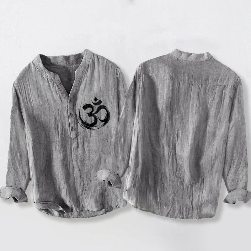 Buddha Stones Om Symbol Pattern Half Buttons Men's Cotton Linen Long Sleeve Shirt - image 2
