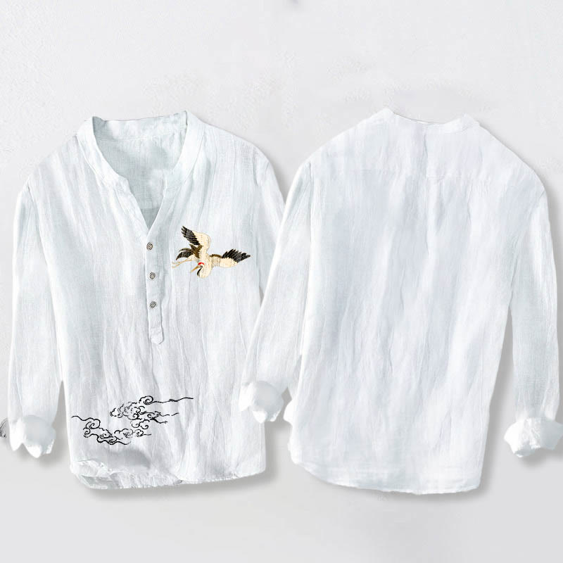 Buddha Stones Crane Auspicious Clouds Pattern Half Buttons Men's Cotton Linen Long Sleeve Shirt - image 8