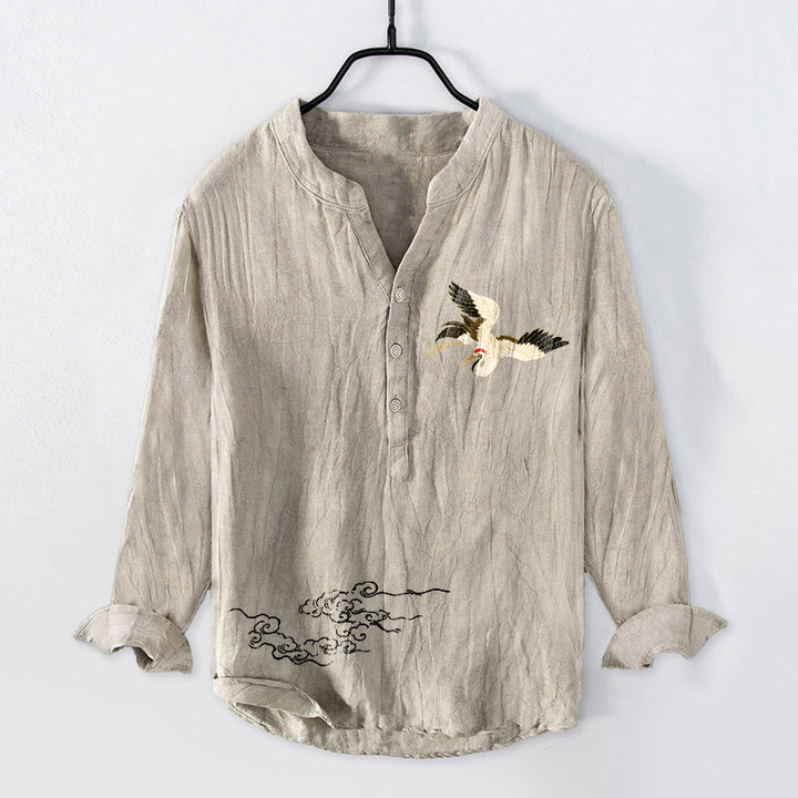 Buddha Stones Crane Auspicious Clouds Pattern Half Buttons Men's Cotton Linen Long Sleeve Shirt - Linen - US/UK/AU50，EU60 (5XL) - image 3