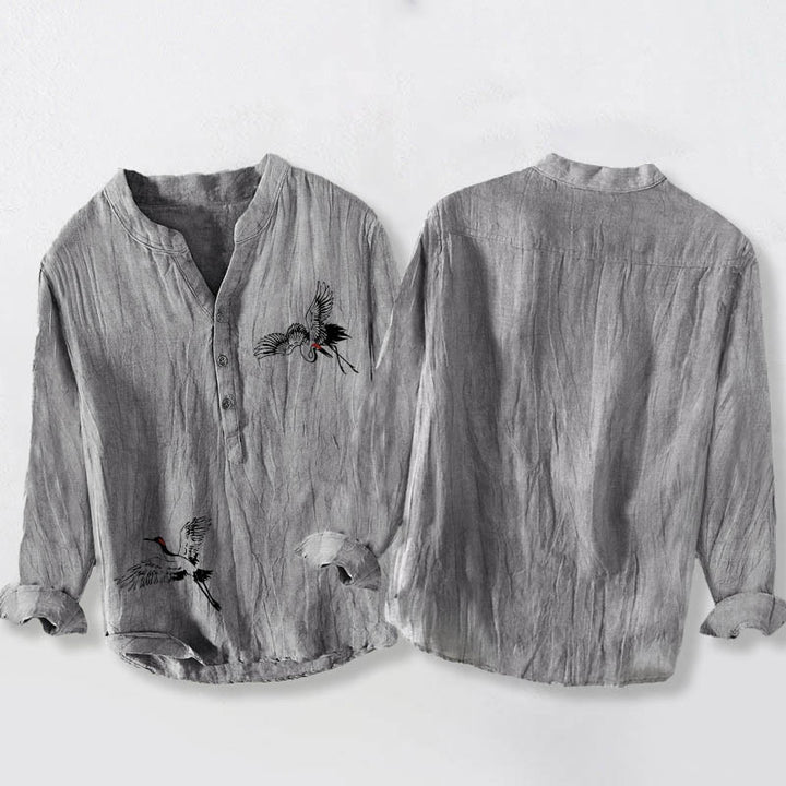 Buddha Stones Red-crowned Crane Pattern Half Buttons Men's Cotton Linen Long Sleeve Shirt - image 5