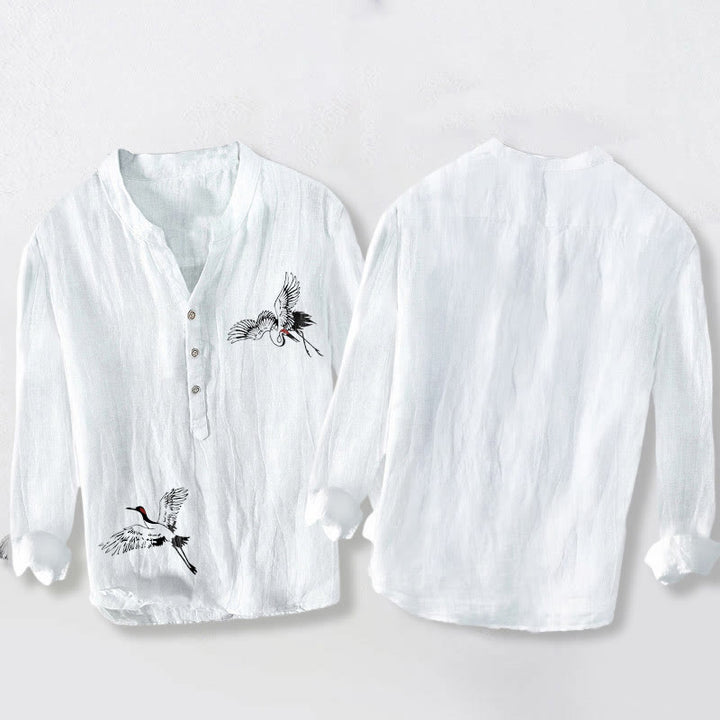 Buddha Stones Red-crowned Crane Pattern Half Buttons Men's Cotton Linen Long Sleeve Shirt - image 2
