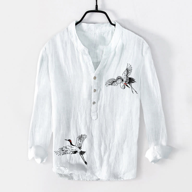 Buddha Stones Red-crowned Crane Pattern Half Buttons Men's Cotton Linen Long Sleeve Shirt - White - US/UK/AU50，EU60 (5XL) - image 0