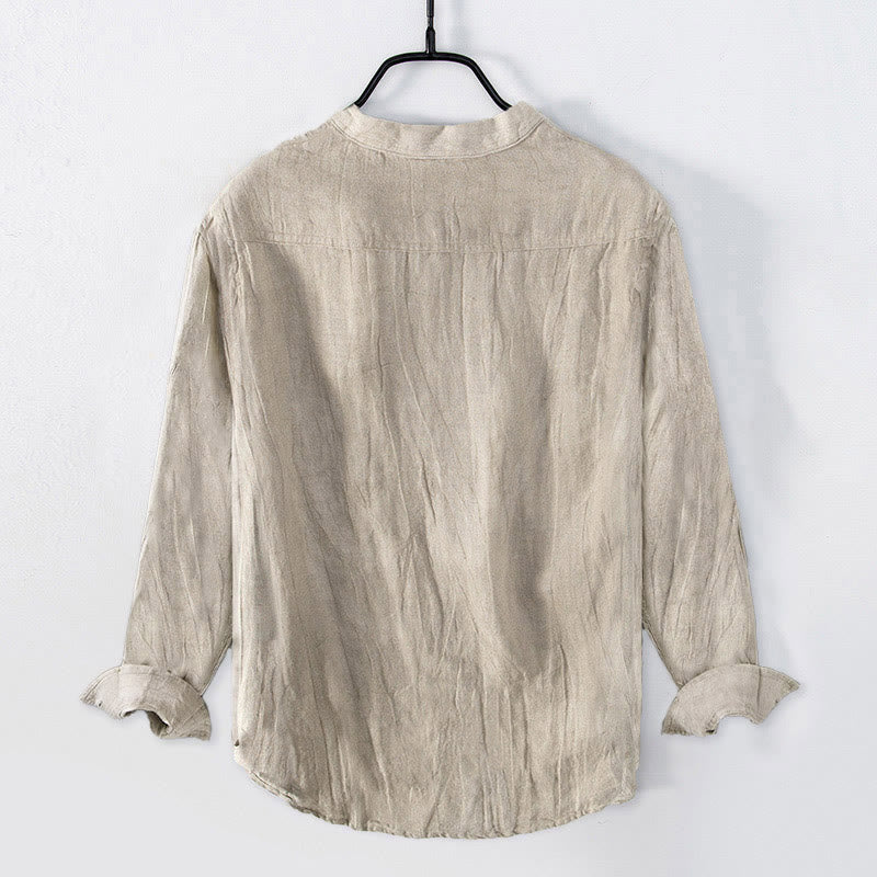 Buddha Stones Red-crowned Crane Pattern Half Buttons Men's Cotton Linen Long Sleeve Shirt - image 7