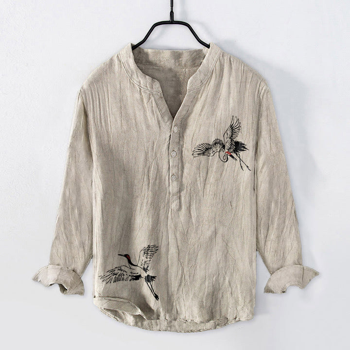 Buddha Stones Red-crowned Crane Pattern Half Buttons Men's Cotton Linen Long Sleeve Shirt - Linen - US/UK/AU50，EU60 (5XL) - image 6