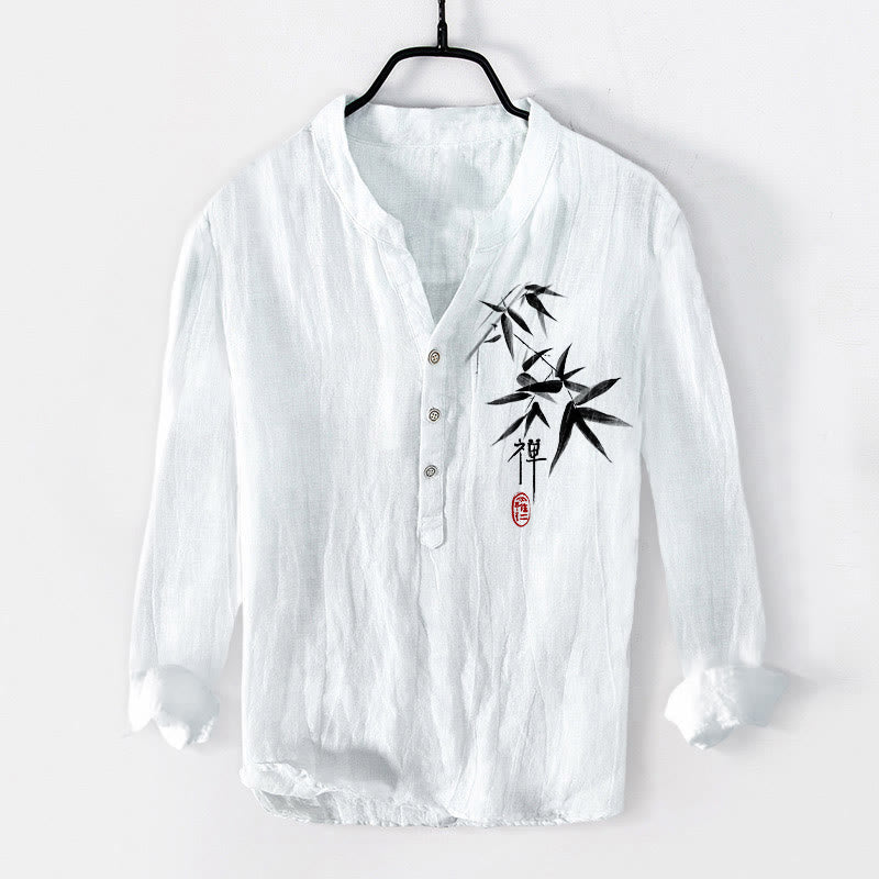 Buddha Stones Bamboo Zen Character Pattern Half Buttons Men's Cotton Linen Long Sleeve Shirt - White - US/UK/AU50，EU60 (5XL) - image 6