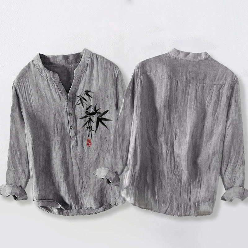 Buddha Stones Bamboo Zen Character Pattern Half Buttons Men's Cotton Linen Long Sleeve Shirt - image 5