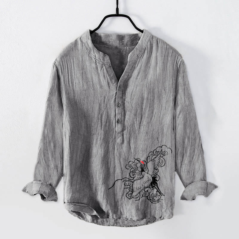 Buddha Stones Red-crowned Crane Clouds Pattern Half Buttons Men's Cotton Linen Long Sleeve Shirt - Gray - US/UK/AU50，EU60 (5XL) - image 3