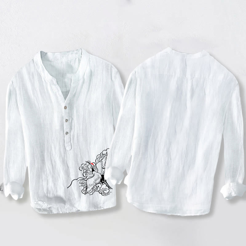 Buddha Stones Red-crowned Crane Clouds Pattern Half Buttons Men's Cotton Linen Long Sleeve Shirt - image 8