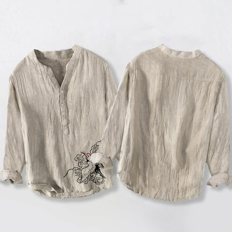 Buddha Stones Red-crowned Crane Clouds Pattern Half Buttons Men's Cotton Linen Long Sleeve Shirt - image 2