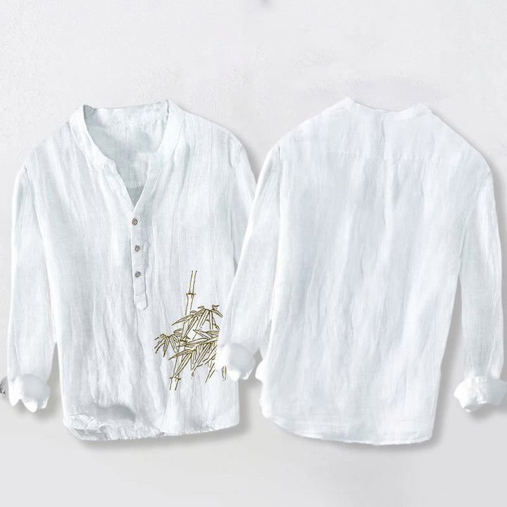 Buddha Stones Bamboo Leaves Pattern Half Buttons Men's Cotton Linen Long Sleeve Shirt - image 2
