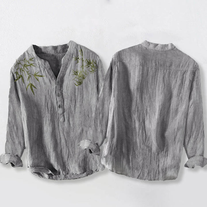 Buddha Stones Green Bamboo Leaves Pattern Half Buttons Men's Cotton Linen Long Sleeve Shirt - image 5