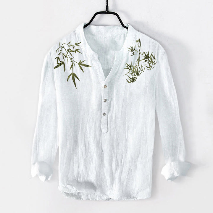 Buddha Stones Green Bamboo Leaves Pattern Half Buttons Men's Cotton Linen Long Sleeve Shirt - White - US/UK/AU50，EU60 (5XL) - image 6