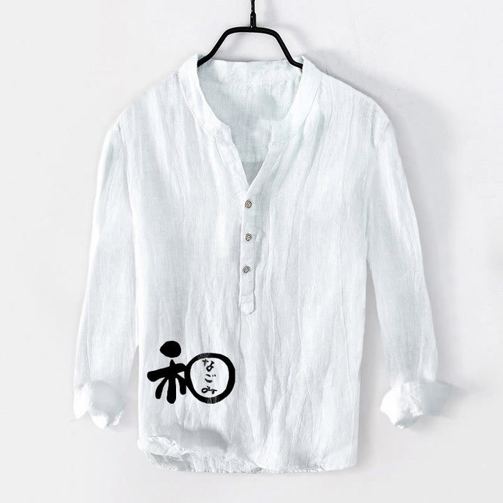 Buddha Stones Chinese Character Harmony Pattern Half Buttons Men's Cotton Linen Long Sleeve Shirt - White - US/UK/AU50，EU60 (5XL) - image 0