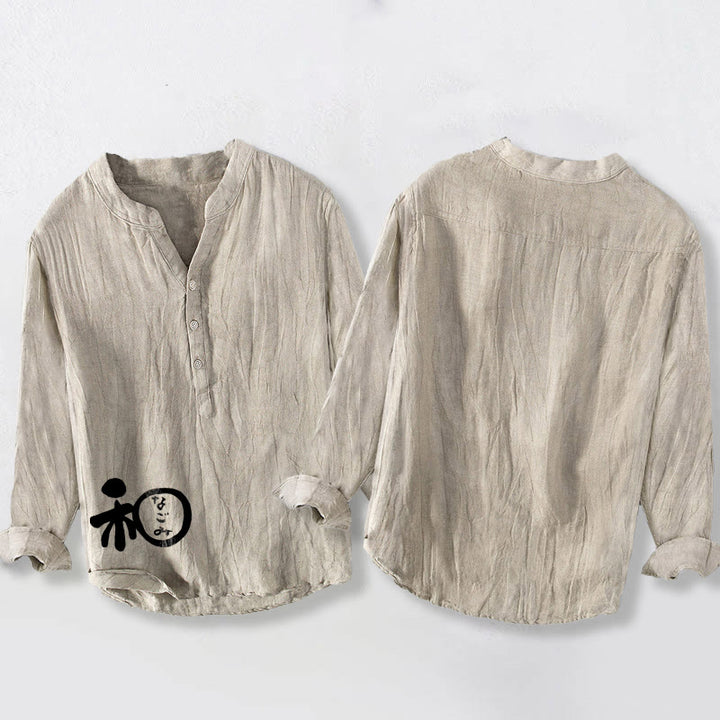 Buddha Stones Chinese Character Harmony Pattern Half Buttons Men's Cotton Linen Long Sleeve Shirt - image 5