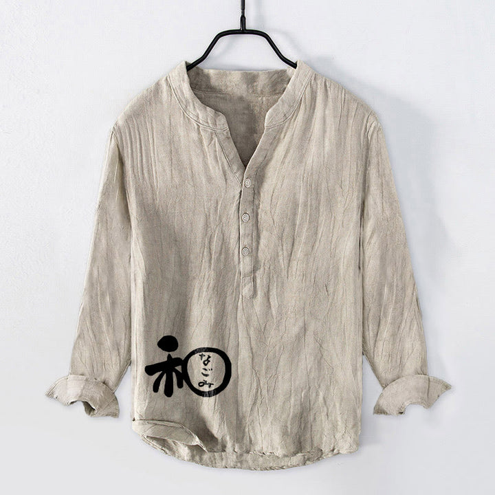 Buddha Stones Chinese Character Harmony Pattern Half Buttons Men's Cotton Linen Long Sleeve Shirt - Linen - US/UK/AU50，EU60 (5XL) - image 3