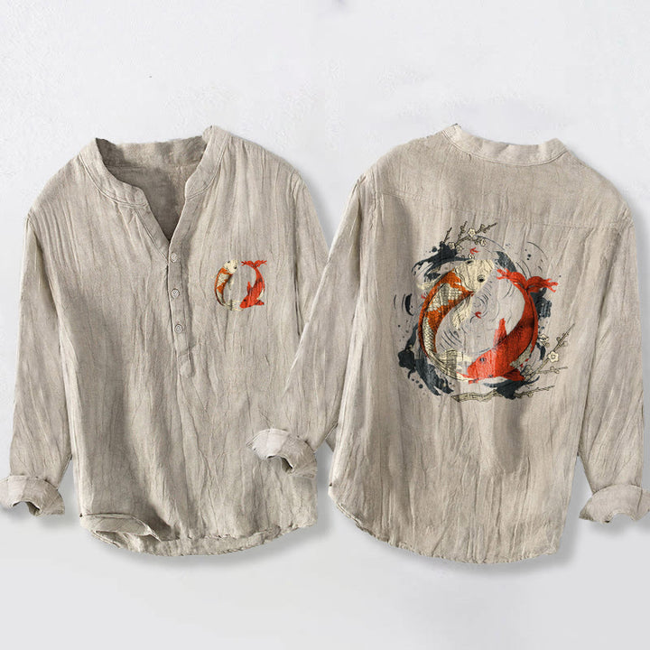 Buddha Stones Red White Koi Fish Yin Yang Pattern Half Buttons Men's Cotton Linen Long Sleeve Shirt - Linen - US/UK/AU50，EU60 (5XL) - image 0
